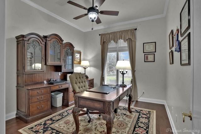 1123 Waters Edge Cir, Shreveport, LA 71106 - office area with crown molding, baseboards, ceiling fan, and dark wood-style flooring