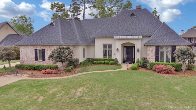 1123 Waters Edge Cir, Shreveport, LA 71106 - french country inspired facade with brick siding, a shingled roof, a front lawn, and stucco siding