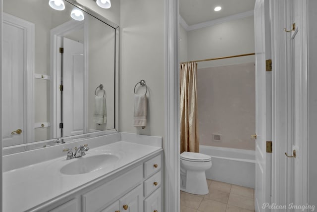 1123 Waters Edge Cir, Shreveport, LA 71106 - bathroom featuring crown molding, tile patterned flooring, vanity, toilet, and shower / bathtub combination with curtain