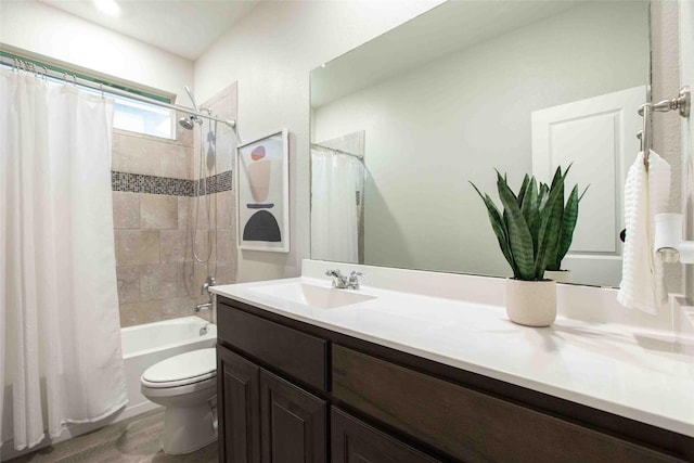 bathroom featuring vanity, toilet, and shower / bath combination with curtain
