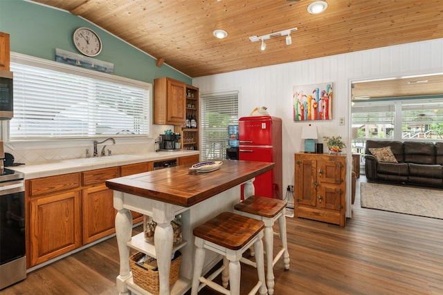 kitchen featuring wooden counters, plenty of natural light, a sink, appliances with stainless steel finishes, and vaulted ceiling