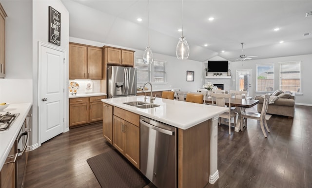 kitchen with a ceiling fan, appliances with stainless steel finishes, a sink, open floor plan, and lofted ceiling