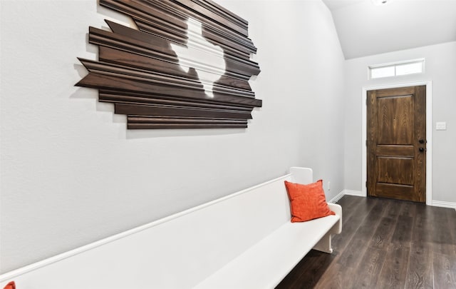 mudroom featuring baseboards, lofted ceiling, and dark wood-type flooring