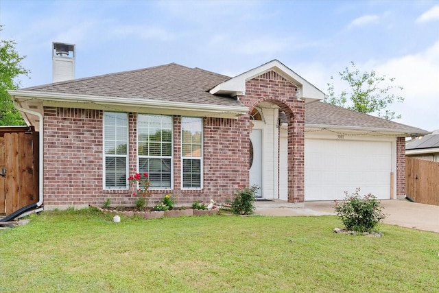 ranch-style house featuring concrete driveway, brick siding, an attached garage, and fence