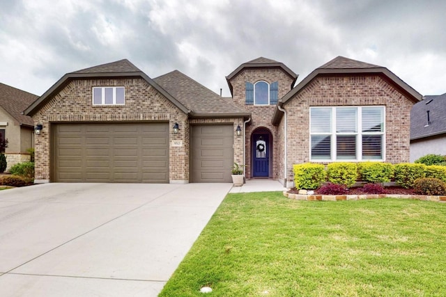 view of front of property featuring an attached garage, a front yard, driveway, and brick siding