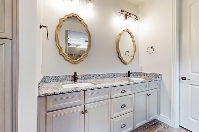 full bathroom featuring double vanity, a sink, and wood finished floors