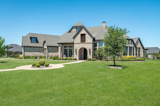 french country inspired facade with a chimney, a shingled roof, stone siding, and a front yard