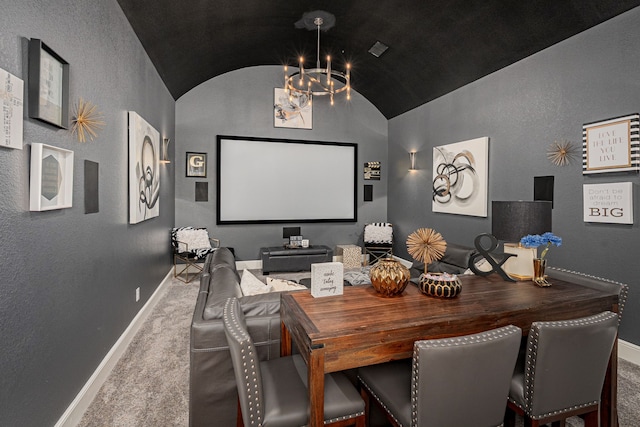 4241 Tranquility Ln, Prosper, TX 75078 - carpeted cinema room featuring lofted ceiling, baseboards, a chandelier, and a textured wall