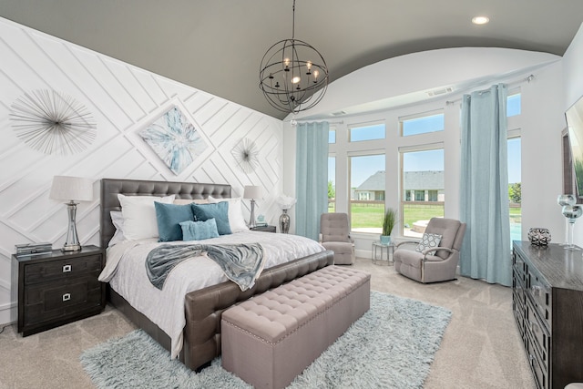 4241 Tranquility Ln, Prosper, TX 75078 - carpeted bedroom with a chandelier, multiple windows, lofted ceiling, and recessed lighting