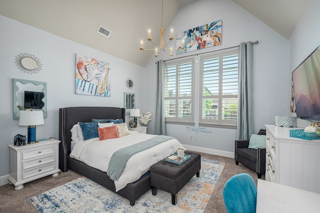 4241 Tranquility Ln, Prosper, TX 75078 - bedroom with carpet, a chandelier, lofted ceiling, and baseboards
