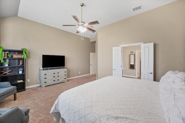 7809 Bella Way, Arlington, TX 76001 - bedroom with carpet flooring, high vaulted ceiling, ceiling fan, and baseboards