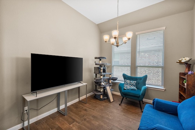 7809 Bella Way, Arlington, TX 76001 - living area featuring wood finished floors, a chandelier, lofted ceiling, and baseboards