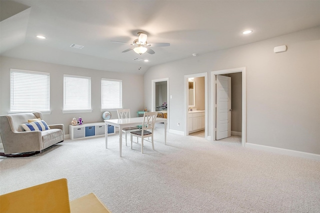 living room featuring visible vents, a ceiling fan, recessed lighting, and light carpet