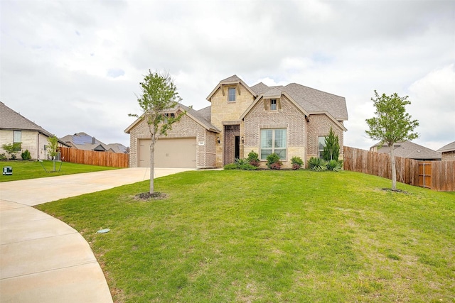 traditional home with driveway, brick siding, fence, a front lawn, and an attached garage