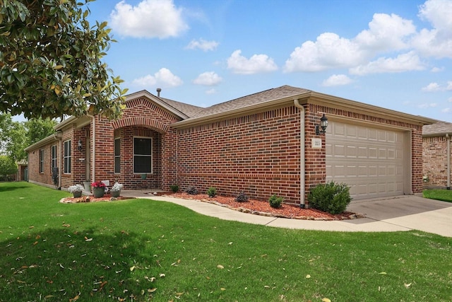 ranch-style house with brick siding, an attached garage, and concrete driveway