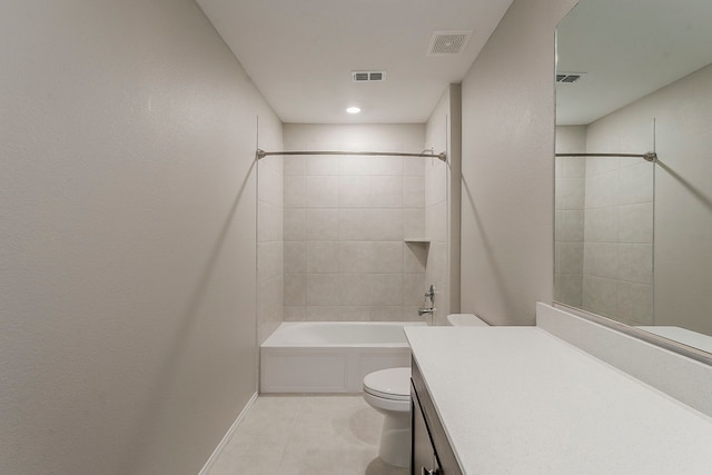bathroom with toilet, visible vents, tub / shower combination, and vanity