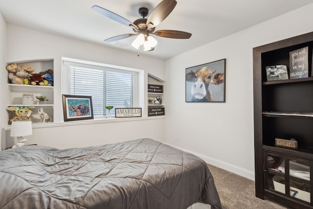 bedroom featuring carpet floors, ceiling fan, and baseboards