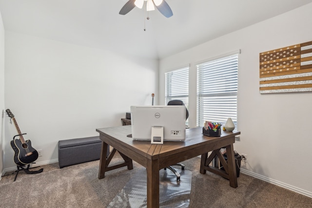 office with carpet flooring, ceiling fan, baseboards, and lofted ceiling