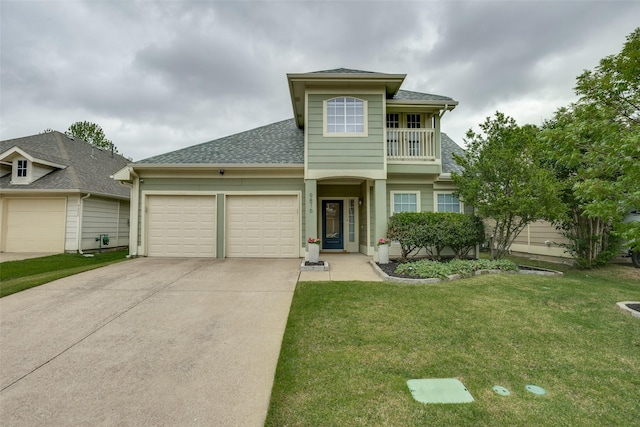 9816 Hedge Bell Dr, Mckinney, TX 75072 - traditional-style home with a front lawn, a balcony, roof with shingles, an attached garage, and driveway