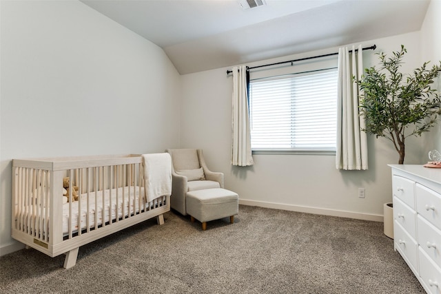 9816 Hedge Bell Dr, Mckinney, TX 75072 - bedroom with visible vents, a nursery area, baseboards, lofted ceiling, and carpet