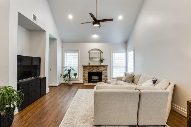 9816 Hedge Bell Dr, Mckinney, TX 75072 - living area featuring baseboards, a ceiling fan, high vaulted ceiling, and a healthy amount of sunlight