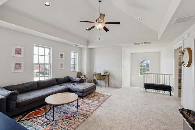 living room with visible vents, a ceiling fan, carpet, and recessed lighting
