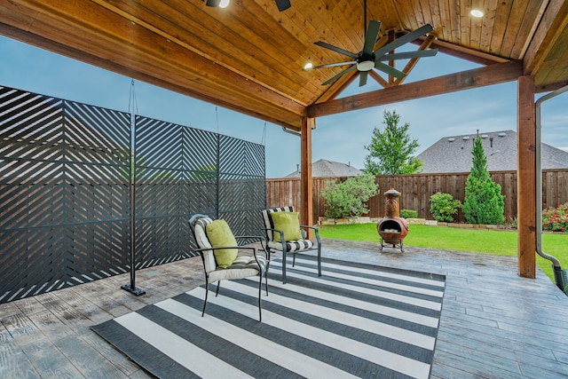 view of patio / terrace featuring a fenced backyard, a ceiling fan, and a deck