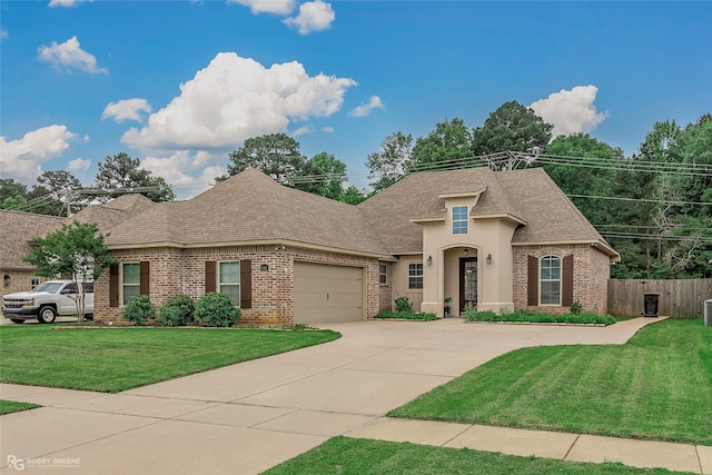 french country style house with fence, a front yard, brick siding, concrete driveway, and an attached garage