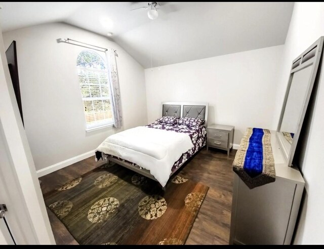bedroom featuring baseboards, lofted ceiling, and wood finished floors