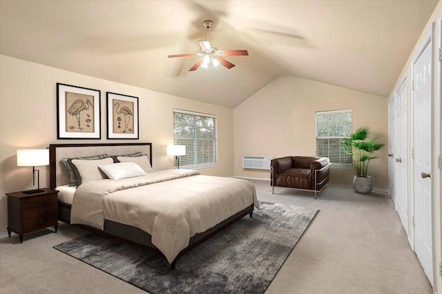 bedroom featuring light colored carpet, lofted ceiling, and multiple windows