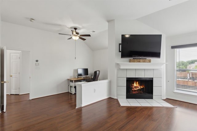 1406 Springmeadow Dr, Allen, TX 75002 - living room featuring vaulted ceiling, wood finished floors, a fireplace, a ceiling fan, and baseboards