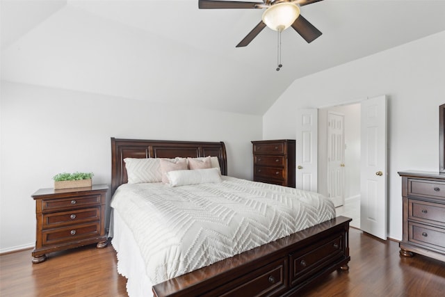 1406 Springmeadow Dr, Allen, TX 75002 - bedroom with lofted ceiling, dark wood-style floors, and a ceiling fan