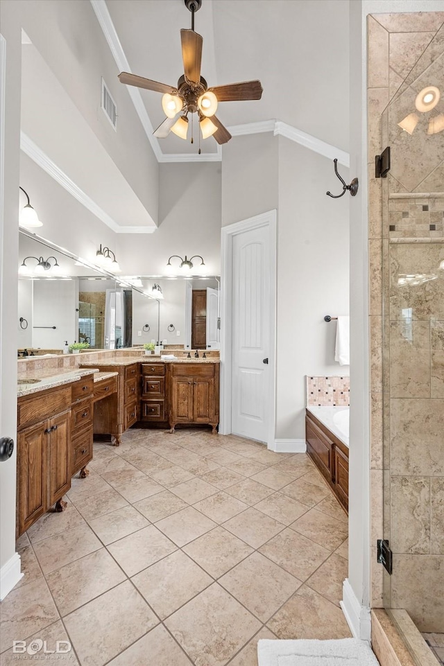 221 Cattail Trl, Benton, LA 71006 - bathroom with crown molding, a high ceiling, a shower stall, and visible vents