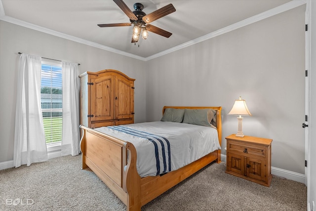 221 Cattail Trl, Benton, LA 71006 - bedroom with baseboards, ornamental molding, a ceiling fan, and light carpet
