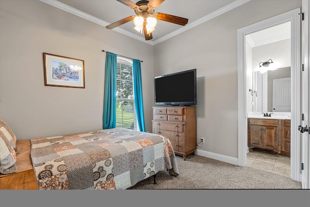 221 Cattail Trl, Benton, LA 71006 - bedroom featuring ceiling fan, ensuite bathroom, baseboards, ornamental molding, and light carpet