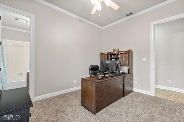 221 Cattail Trl, Benton, LA 71006 - home office with crown molding, carpet, a ceiling fan, and visible vents