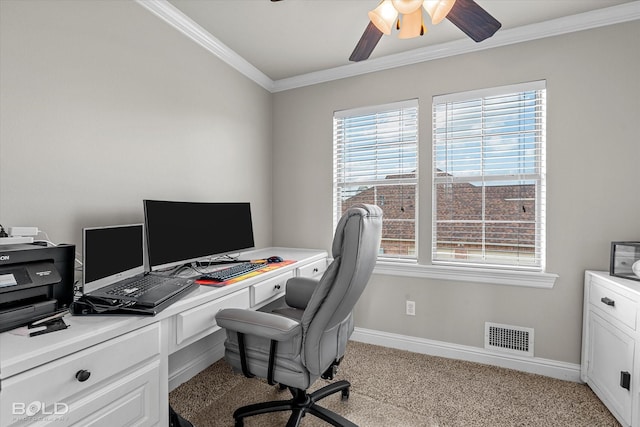 221 Cattail Trl, Benton, LA 71006 - office space with visible vents, ornamental molding, light carpet, baseboards, and a ceiling fan