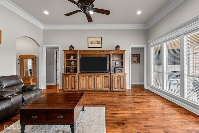 221 Cattail Trl, Benton, LA 71006 - living area with crown molding, ceiling fan, and wood finished floors