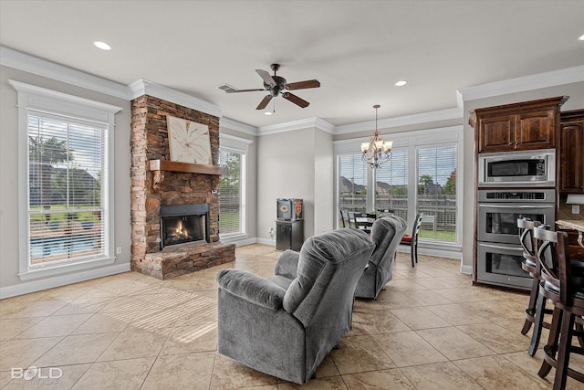 221 Cattail Trl, Benton, LA 71006 - living area with recessed lighting, baseboards, ceiling fan with notable chandelier, and a fireplace