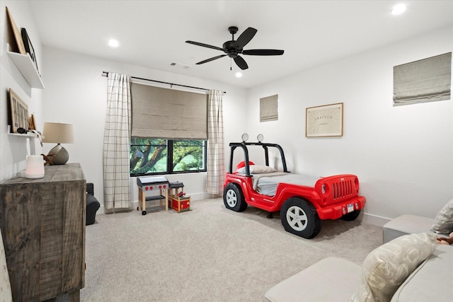 rec room with recessed lighting, baseboards, visible vents, and carpet