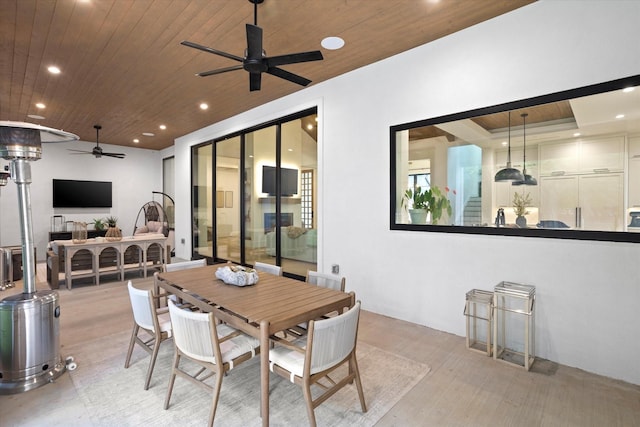 dining room with recessed lighting, wooden ceiling, ceiling fan, and light wood-type flooring