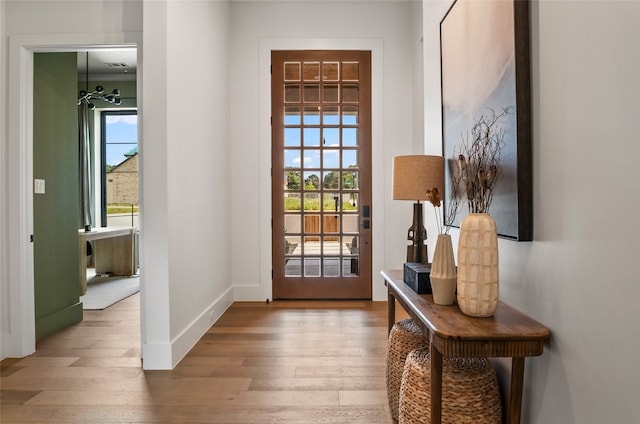 doorway with baseboards, plenty of natural light, and wood-type flooring