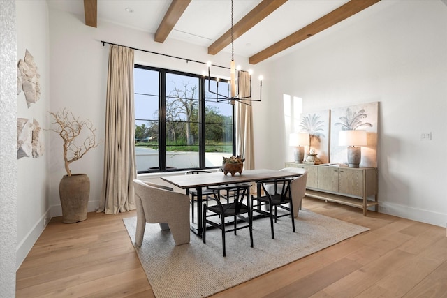 dining area featuring an inviting chandelier, baseboards, beamed ceiling, and light wood finished floors