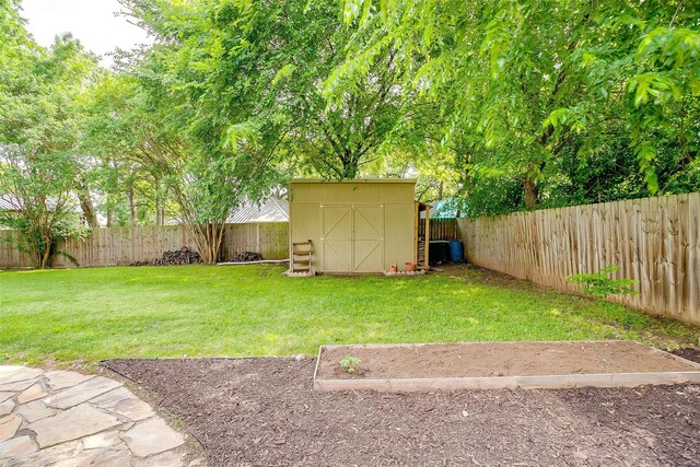 view of yard with a storage shed, an outbuilding, and a fenced backyard