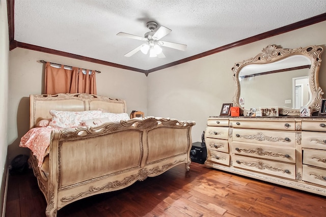 2704 Game Lake Dr, Irving, TX 75060 - bedroom with wood-type flooring, a textured ceiling, ornamental molding, and ceiling fan