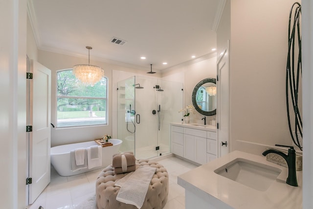 300 Preakness Cir, Southlake, TX 76092 - full bath with crown molding, vanity, a shower stall, tile patterned flooring, and a freestanding tub