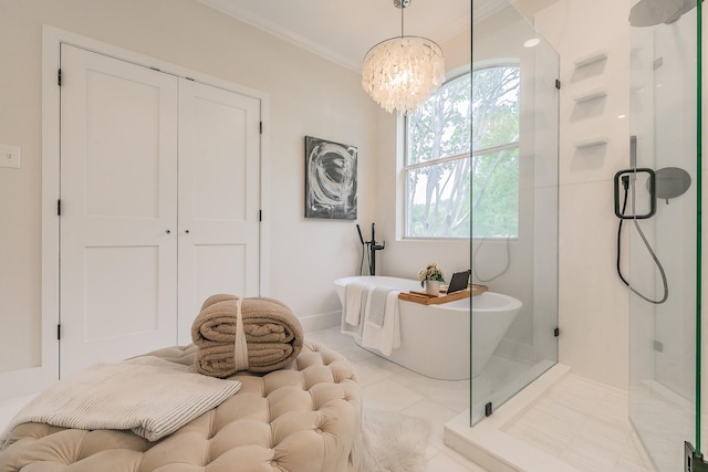 300 Preakness Cir, Southlake, TX 76092 - full bathroom with a shower stall, a soaking tub, a chandelier, baseboards, and crown molding