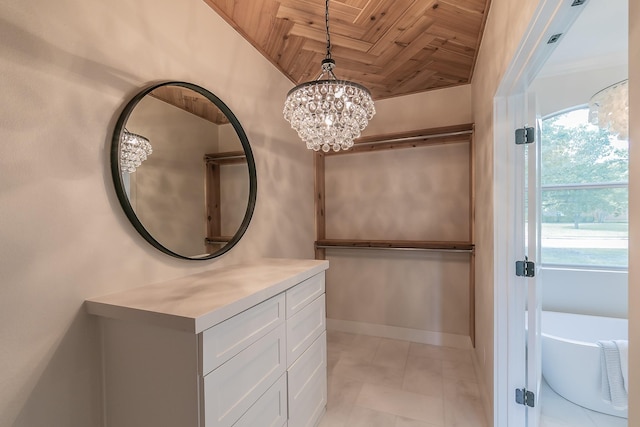 300 Preakness Cir, Southlake, TX 76092 - bathroom featuring wooden ceiling, healthy amount of natural light, vanity, a freestanding bath, and a chandelier