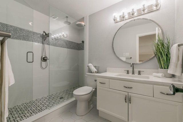 300 Preakness Cir, Southlake, TX 76092 - bathroom featuring a shower stall, vanity, toilet, and tile patterned flooring