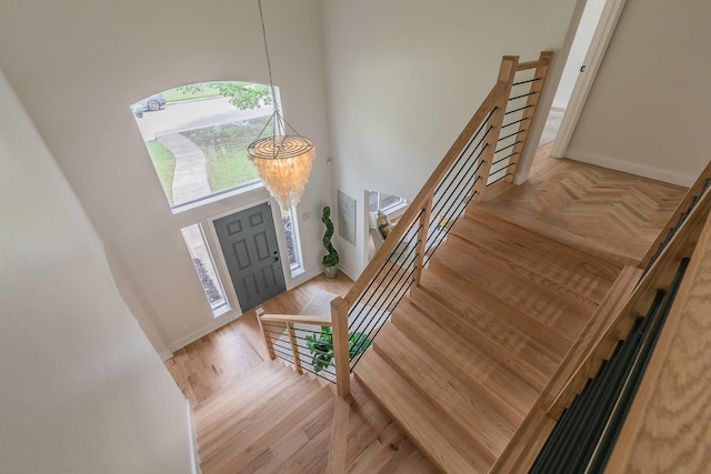 300 Preakness Cir, Southlake, TX 76092 - entryway featuring a chandelier, a high ceiling, baseboards, and stairway
